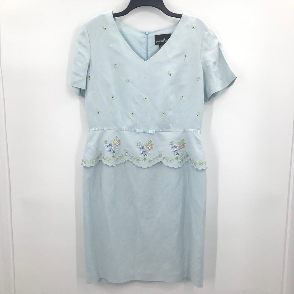 Floral Scallop Drop Waist Dress Short Sleeve Blue